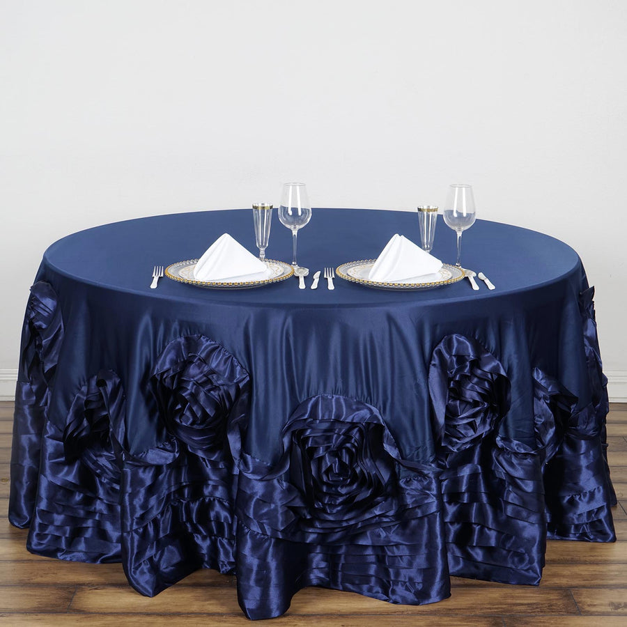 120 Inch Navy Blue Large Rosette Round Lamour Satin Tablecloth