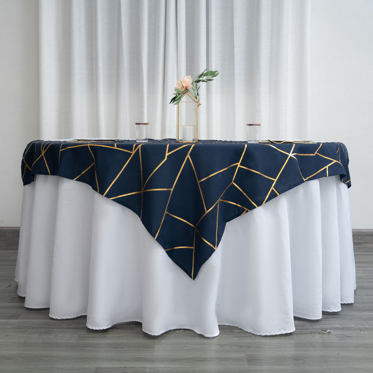 54 Inch x 54 Inch Navy Blue Polyester Square Table Overlay With Gold Foil Geometric Pattern