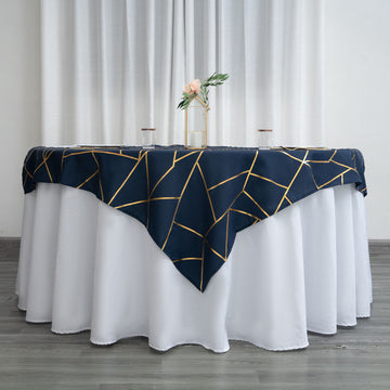 Navy Blue Seamless Polyester Square Overlay With Gold Foil Geometric Pattern 54"x54"