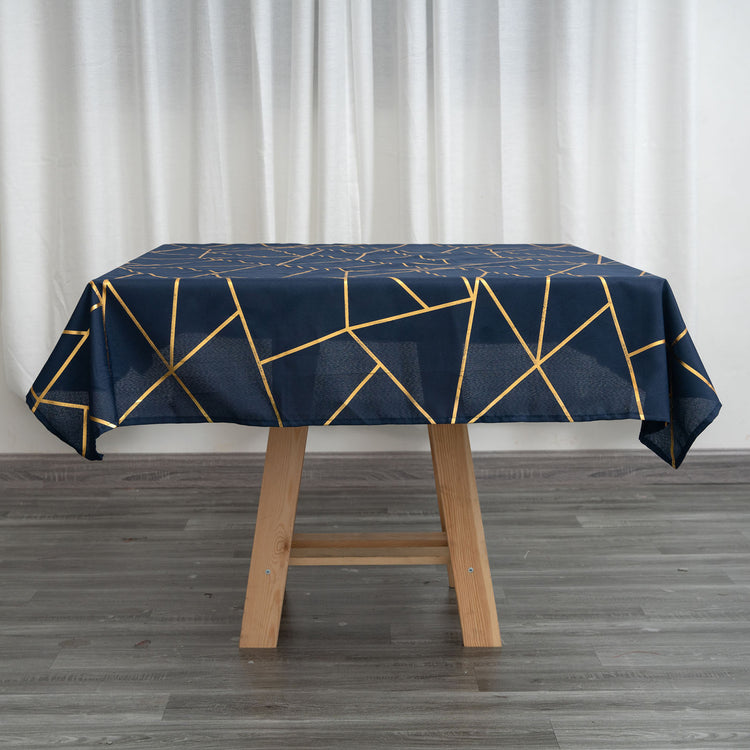 Navy Blue 54 Inch x 54 Inch Polyester Square Tablecloth With Gold Foil Geometric Pattern