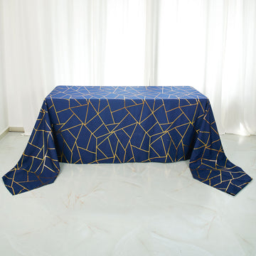 Navy Blue Seamless Rectangle Polyester Tablecloth With Gold Foil Geometric Pattern 90"x156"