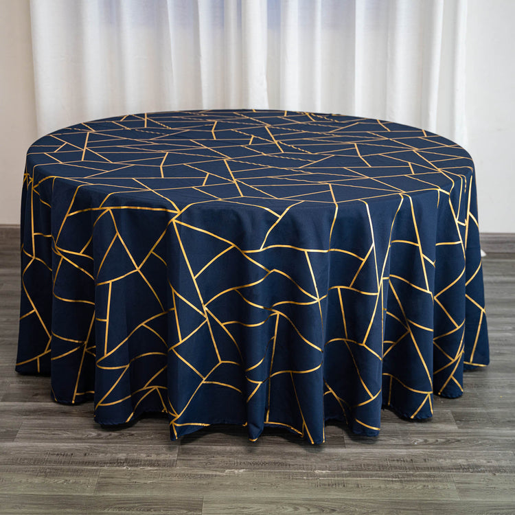 120 Inch Navy Blue Round Polyester Tablecloth With Gold Foil Geometric Pattern