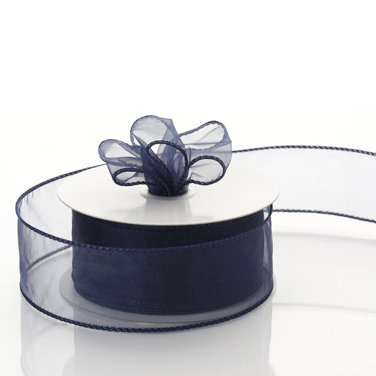 10 Yards 1.5 Inch Organza Navy Blue Wired Edge Ribbon#whtbkgd 