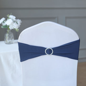 5 Pack | 5"x14" Navy Blue Spandex Stretch Chair Sashes with Silver Diamond Ring Slide Buckle