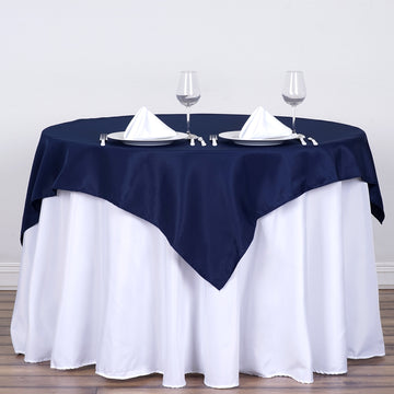 Upgrade Your Event Decor with the Navy Blue Square Seamless Polyester Table Overlay