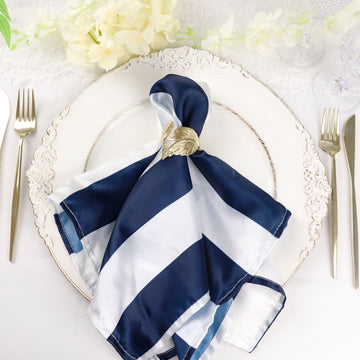 5 Pack | Navy and White Striped Satin Cloth Dinner Napkins | 20"x20"