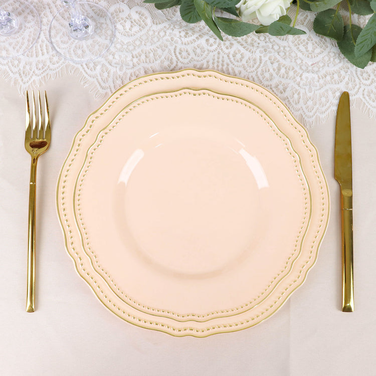 10 Pack Of 9 Inch Nude And Gold Scalloped Rim Plastic Disposable Dinner Plates