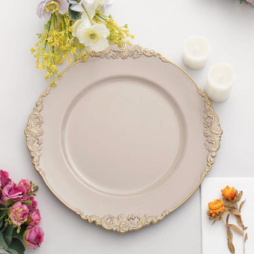 6 Pack | 13" Nude Taupe Gold Embossed Baroque Round Charger Plates With Antique Design Rim