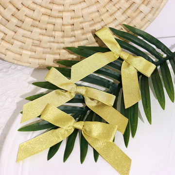 50 Pcs Nylon Ribbon Bows With Twist Ties, Gift Basket Party Favor Bags Decor - Gold Glitter Design 4"