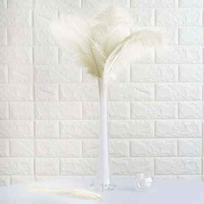 White feather arrangement in a clear vase against a textured wall.