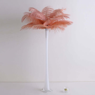 Pink feather floor lamp with a clear base against a white background