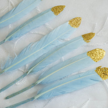 Light Blue Glitter Gold Tip Craft Feathers for Party Decoration