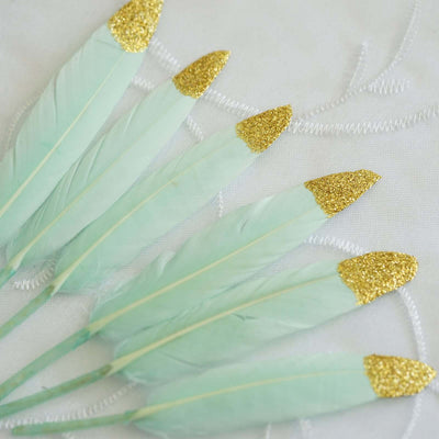 Mint green feathers with gold glitter tips arranged in a row.
