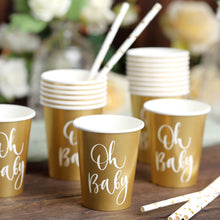 24 Pack Gold 'Oh Baby' Text Baby Shower 9 Ounce Paper Cups