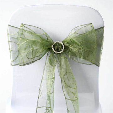 5 Pack Olive Green Embroidered Organza Chair Sashes 7"x108"