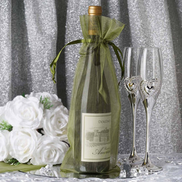 Olive Green Organza Drawstring Party Favor Wine Bags - Add Elegance to Your Celebration