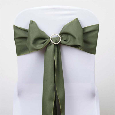 Olive green chair sash with pearl embellishment tied in a bow