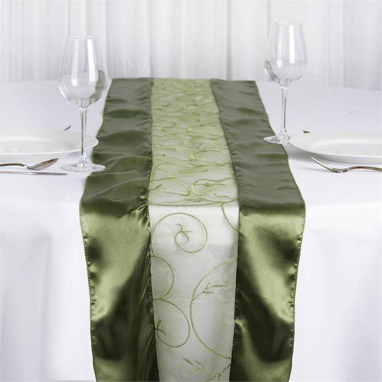 Olive Green Satin Embroidered Sheer Organza Table Runner 14 Inch x 108 Inch#whtbkgd