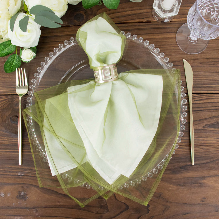 10 Pack | Olive Green Sheer Organza Decorative Dinner Table Napkins - 23x23inch