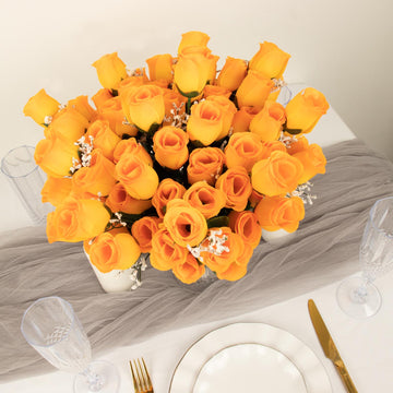 12 Bushes | Orange Artificial Premium Silk Flower Rose Bud Bouquets