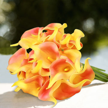 20 Stems Orange/Yellow Artificial Poly Foam Calla Lily Flowers 14"