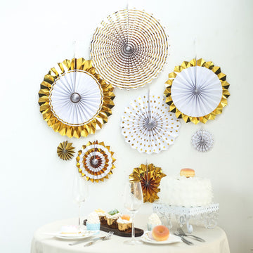 Add Elegance with Gold and White Hanging Paper Fan Decorations