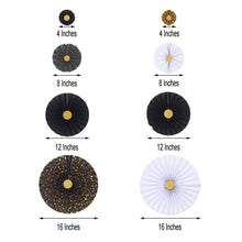 A black and gold paper fan with the measurements of 4 inches, 8 inches, 12 inches, and 16 inches, perfect for balloon & décor garlands