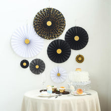 8 Set of Black Gold White Polka Dot Hanging Pinwheel Paper Fans 4 Inch 8 Inch 12 Inch 16 Inch