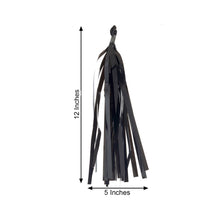 Black foil tassel with measurements of 12 inches and 5 inches, used for balloon & décor garlands