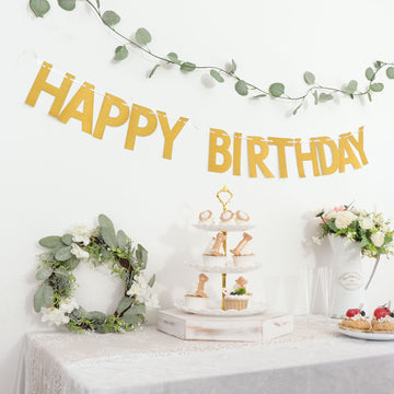 Gold Glittered Happy Birthday Paper Hanging Garland Banner Party Decor 4ft