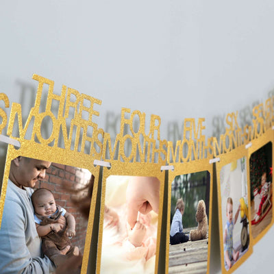 Gold photo banner displaying monthly milestones with images of babies and families.