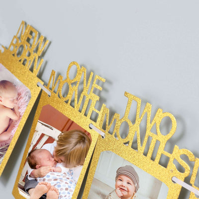 Gold milestone photo banner displaying "Newborn", "One Month", and "Two Months"