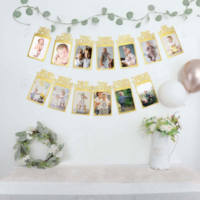 Decorative photo banner displaying monthly milestones for babies with greenery and flowers.