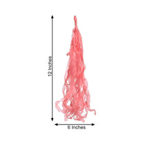 A coral tissue paper tassel with measurements of 12 inches and 6 inches, used for balloon & décor garlands