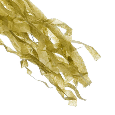 Gold tissue paper shreds on a white background.