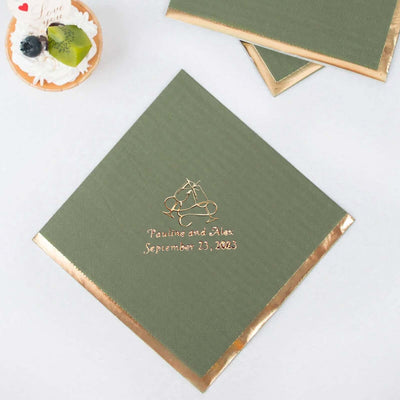 Elegant green wedding invitation with gold foil accents, personalized for Pauline and Alex.