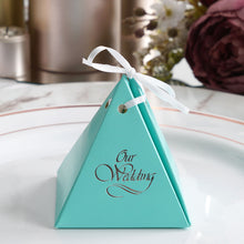 100 Pack | Personalized Pyramid Shaped Wedding Favor Party Gift Boxes Large Emblem And Satin Ribbon