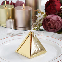 100 Pack | Personalized Pyramid Shaped Monogram Wedding Favor Gift Boxes With Satin Ribbon Tie