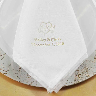 Personalized wedding napkin with embroidered names and date.