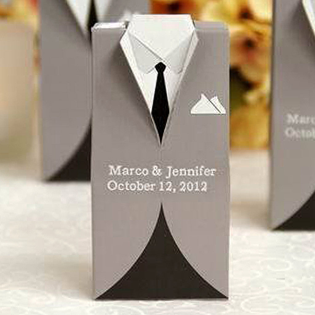 Groom and bride wedding favor box design with tuxedo theme.