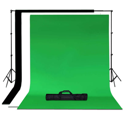Green backdrop with support stands for photography and video shoots.