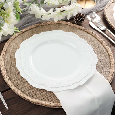 Elegant white plate on a rustic placemat with floral decor.