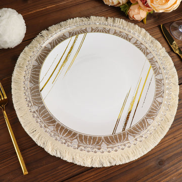 Create a Rustic and Charming Dining Experience with Natural Jute and White Mandala Print Fringe Placemats