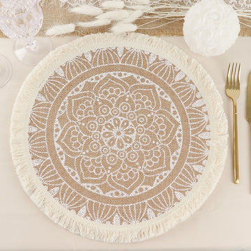 Add a Touch of Bohemian Flair to Your Dining Table with Natural Jute and White Mandala Print Fringe Placemats