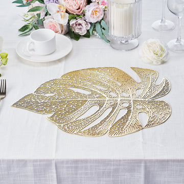 Elevate Your Table Setting with Gold Monstera Leaf Vinyl Placemats