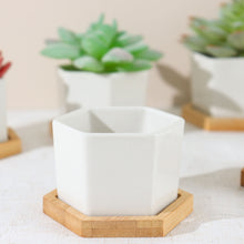 3 Inch White Geometric Ceramic Hexagon Planters with Removable Bottom and Drainage Hole Bamboo Tray Base 6 Pack