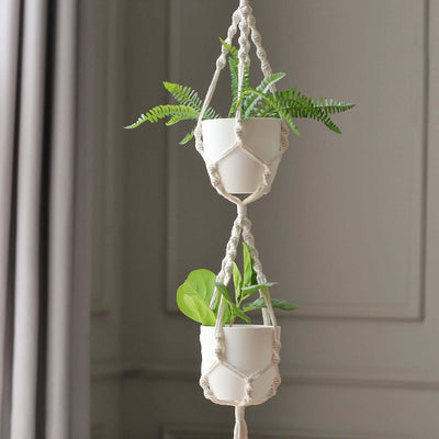 Hanging plant pots with greenery in elegant macramé holder.