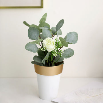 Elegant White Gold Rimmed Medium Flower Plant Pots for Stylish Indoor Decor