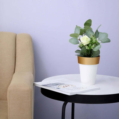Decorative potted plant on a side table with a magazine.