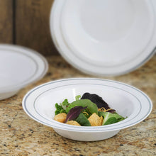 Disposable Round Bowls 12 oz In White Plastic With Silver Rim 10 Pack